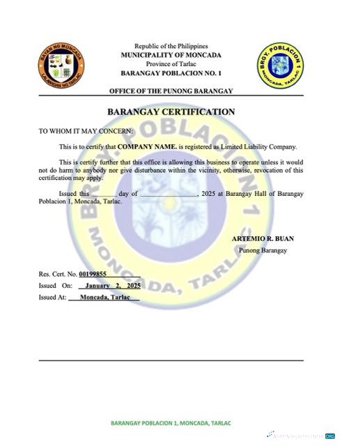 Philippines Barangay certification of registration Word and PDF template